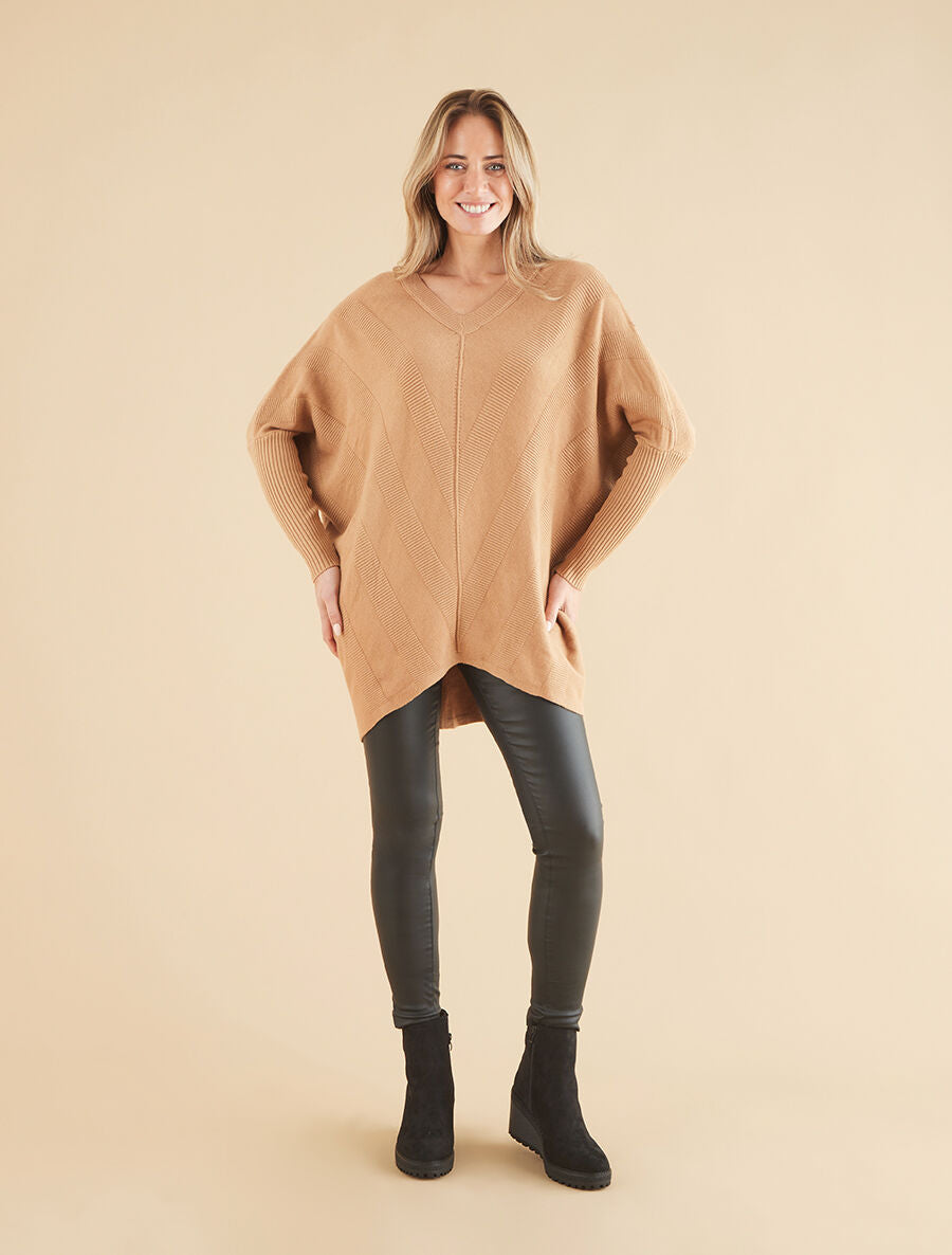 Pull long côtelé à col V - Camel - 4