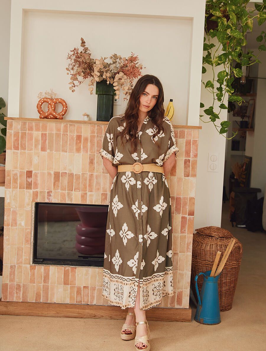 Robe chemise longue manches courtes imprimé floral - Taupe - 4