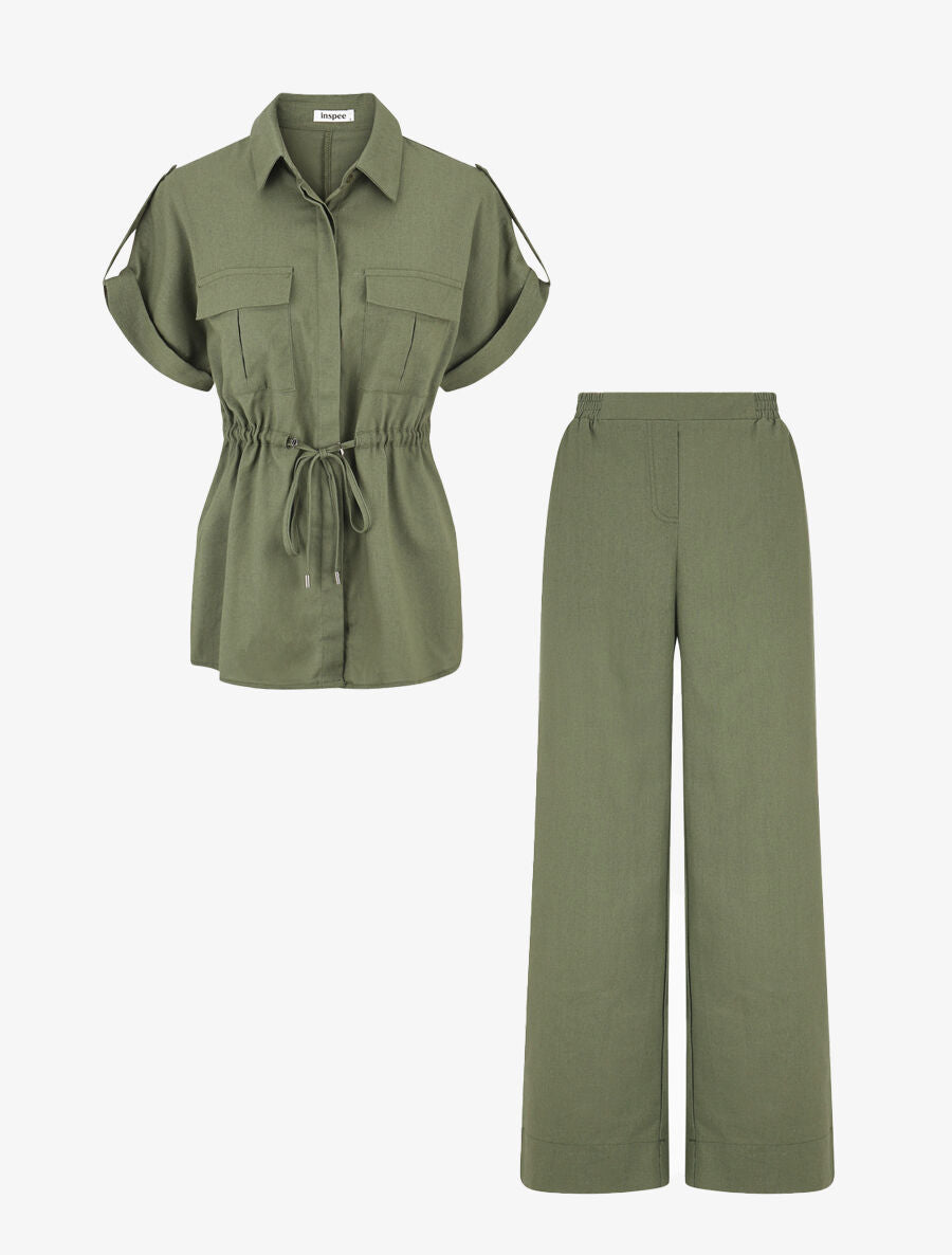 Ensemble chemise et pantalon uni effet lin - Kaki - 2