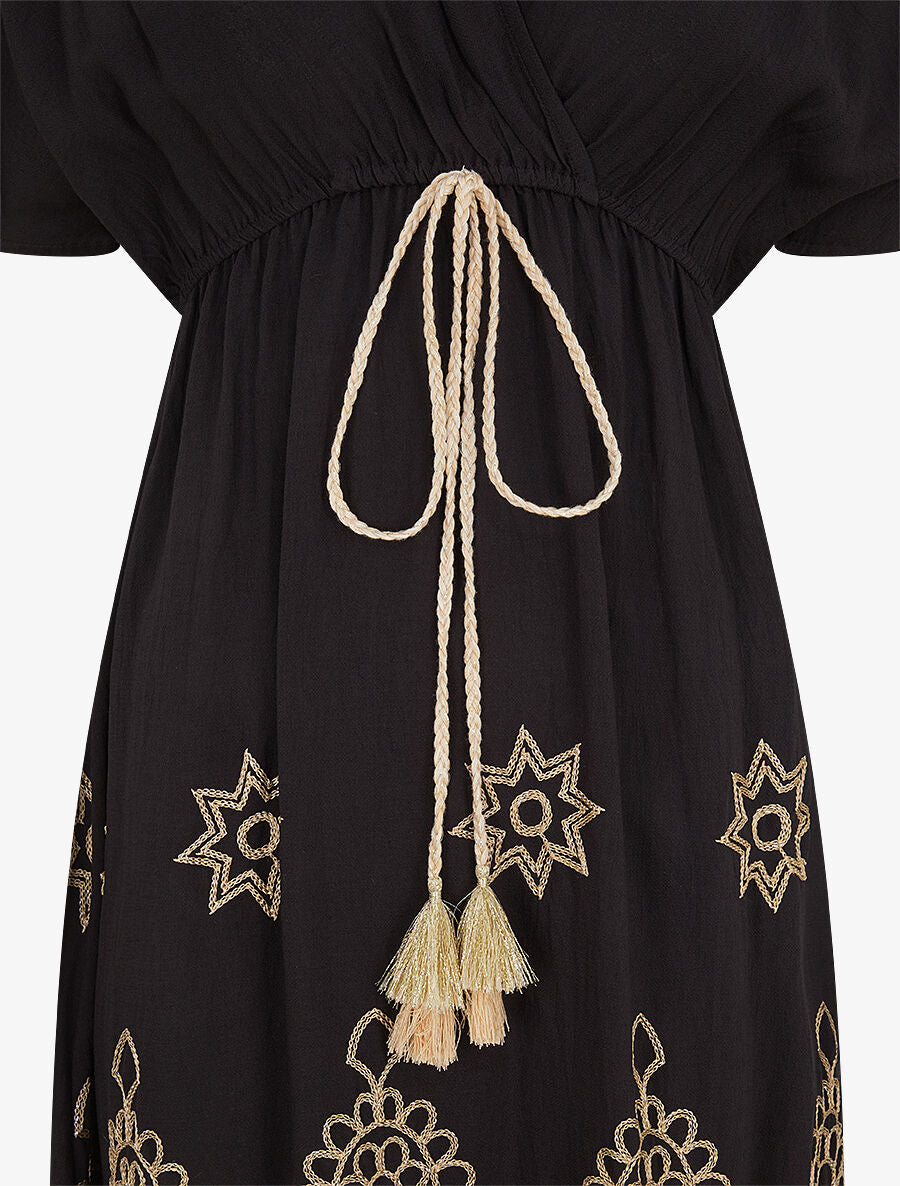 Robe longue empire à manches courtes et broderies - Noir - 3