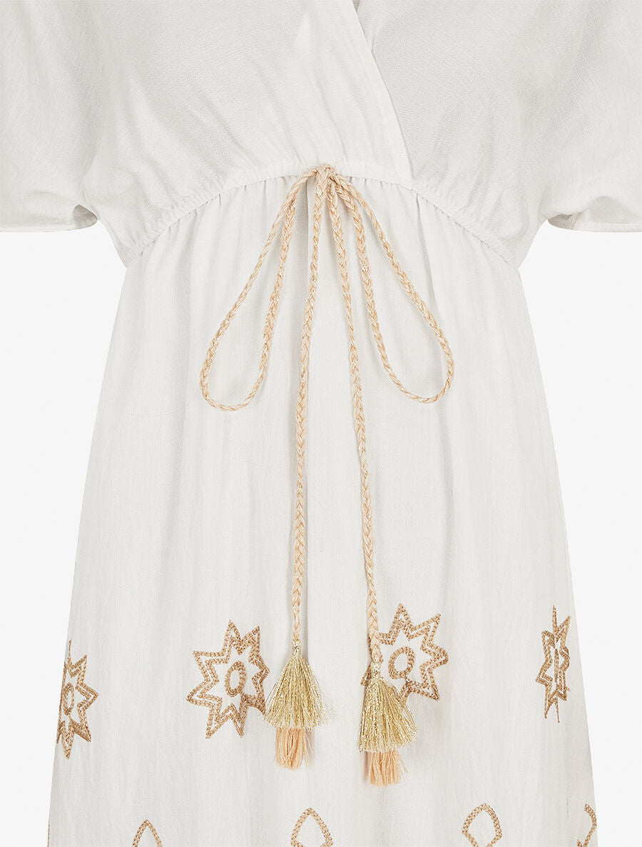 Robe longue empire à manches courtes et broderies - Blanc - 3