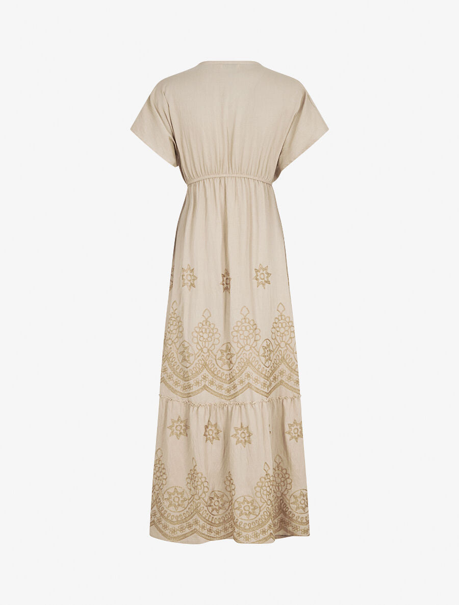 Robe longue empire à manches courtes et broderies - Beige - 2