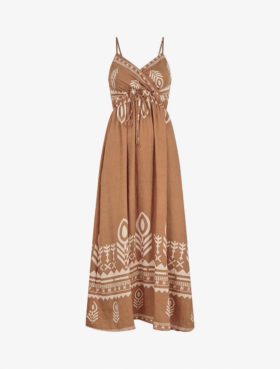 Robe longue à fines bretelles imprimé ethnique - Camel - 4