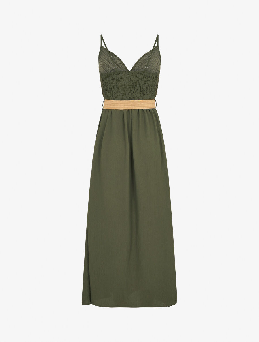 Robe longue à bretelles et décolleté en crochet - Kaki - 2