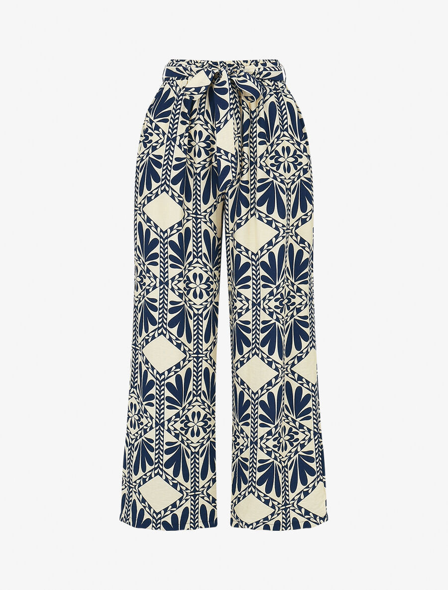 Pantalon imprimé ikat à taille haute élastiquée - Marine - 1