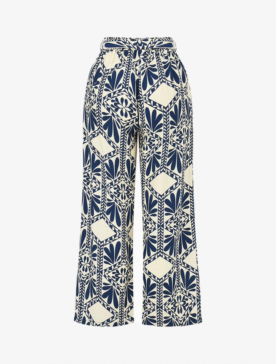 Pantalon imprimé ikat à taille haute élastiquée - Marine - 2