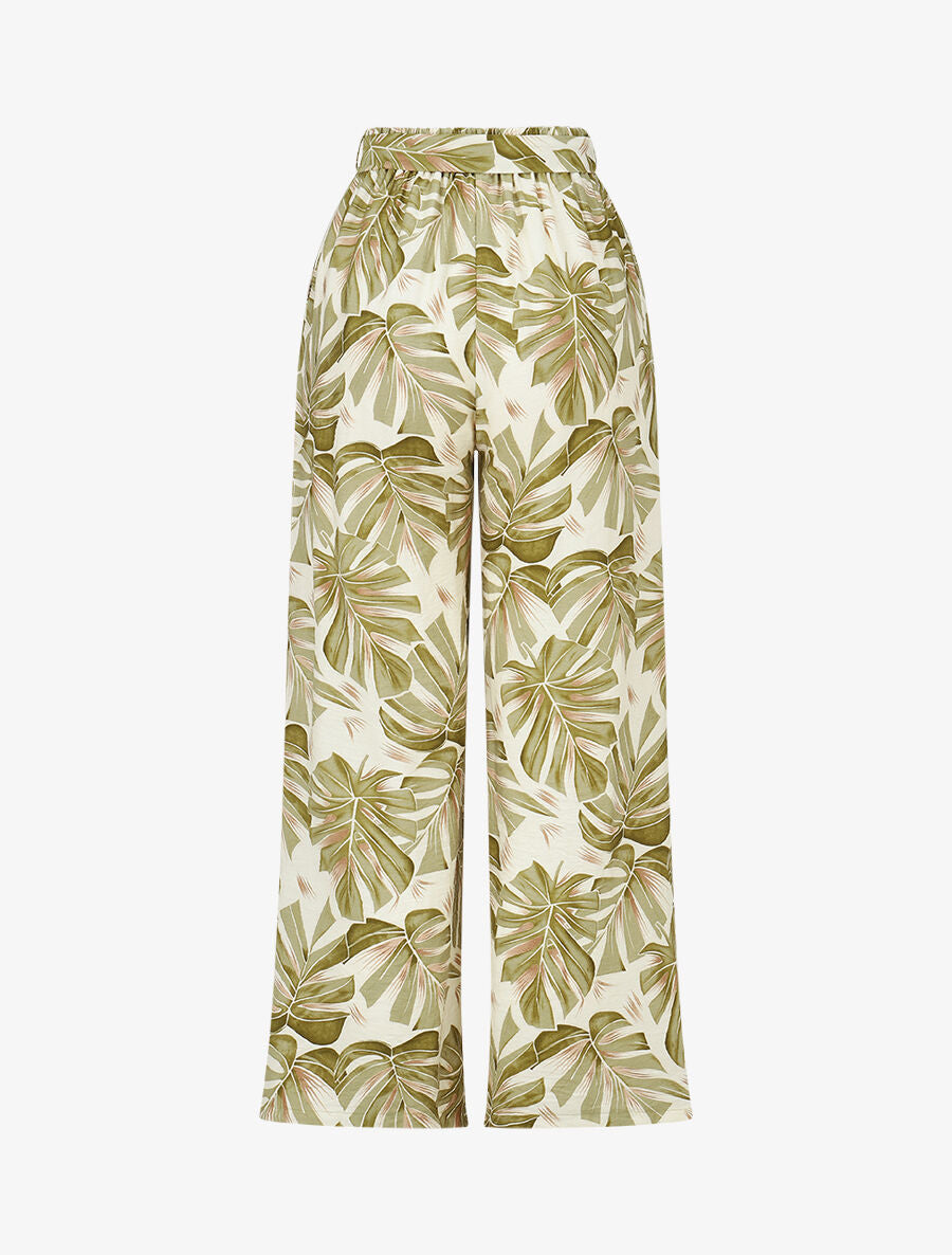 Pantalon imprimé feuilles à taille haute élastiquée - Kaki - 2