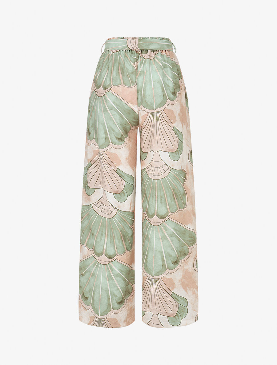 Pantalon imprimé éventails à taille haute élastiquée - Vert - 2