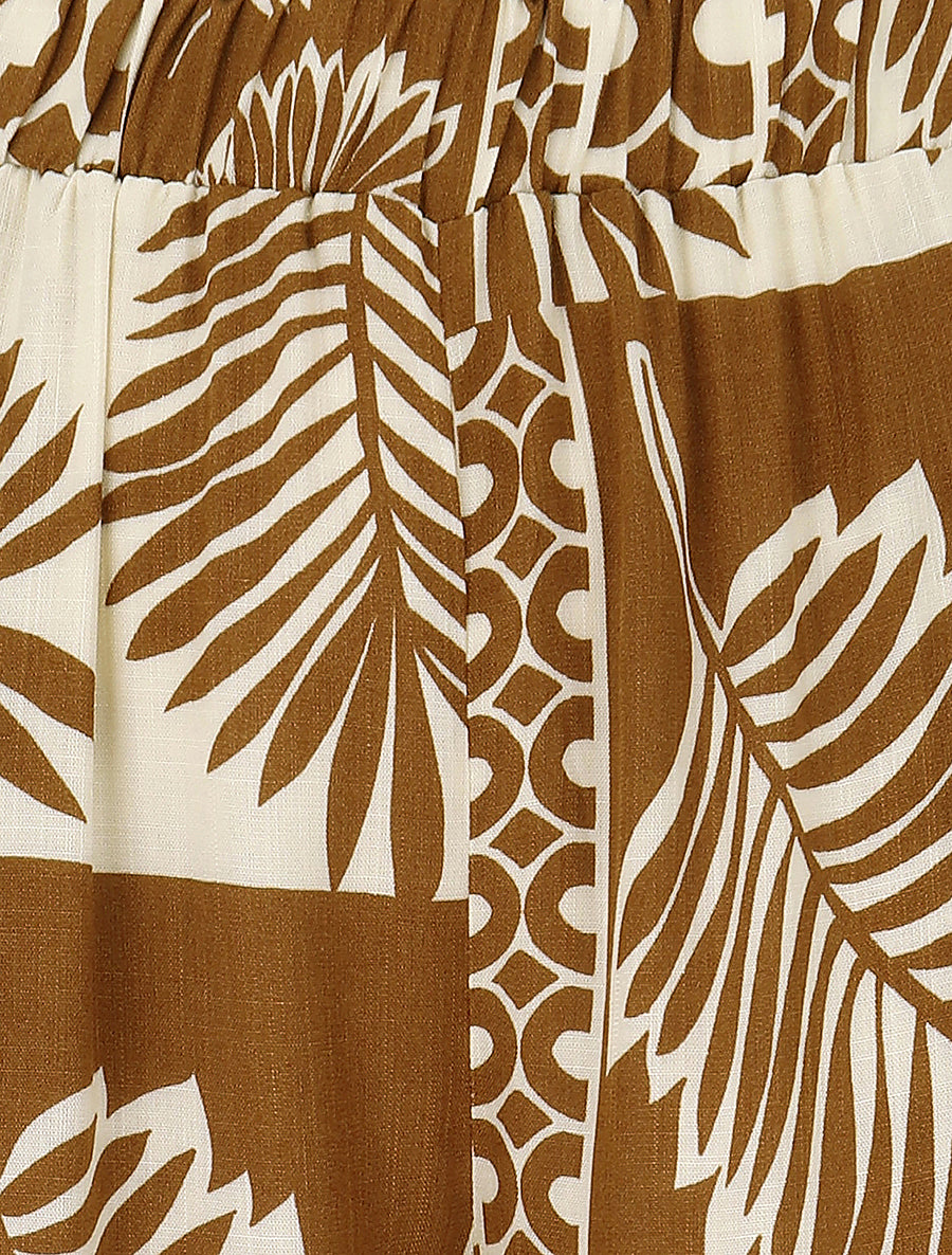 Pantalon droit taille haute imprimé tropical - Marron - 3
