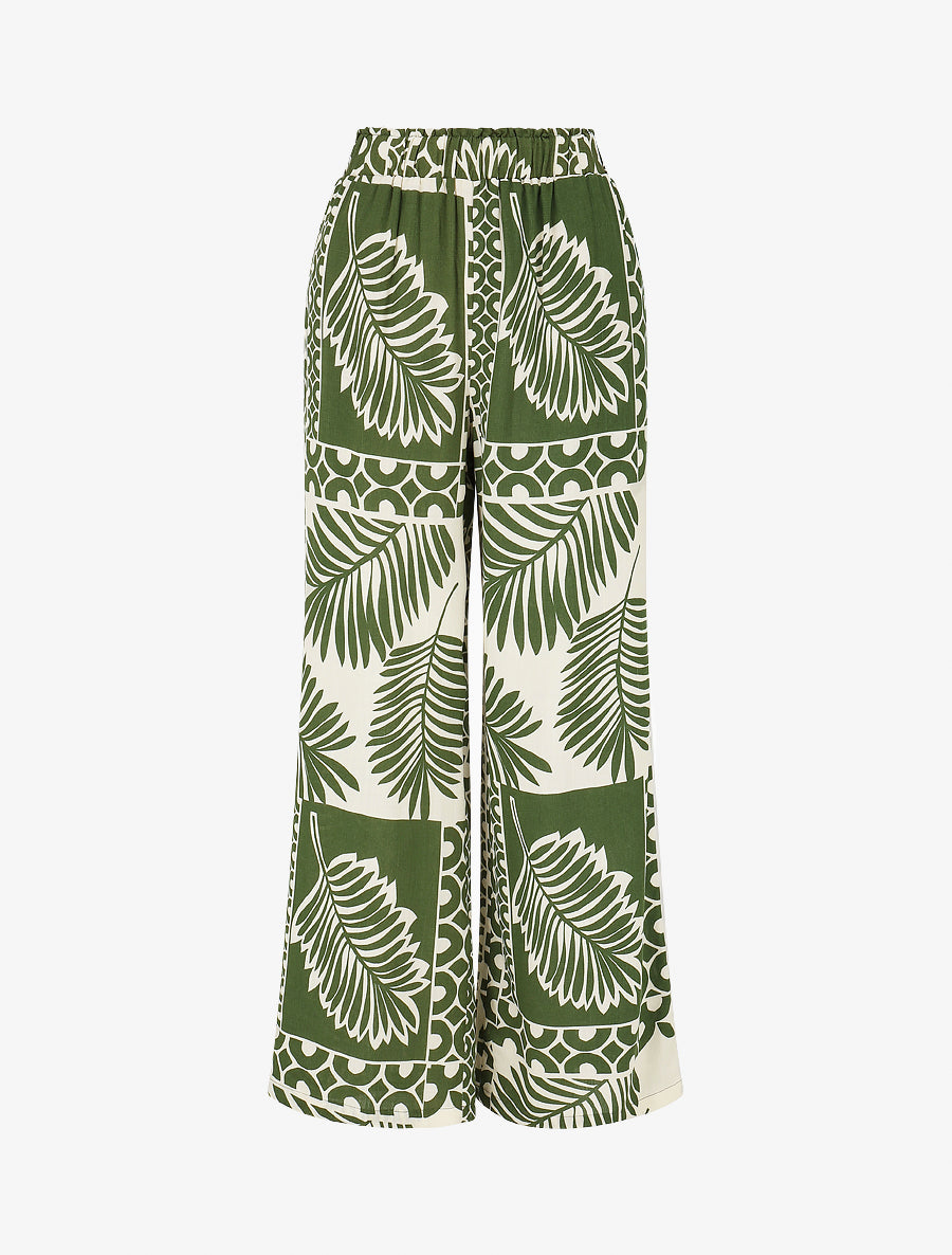 Pantalon droit taille haute imprimé tropical - Kaki - 1