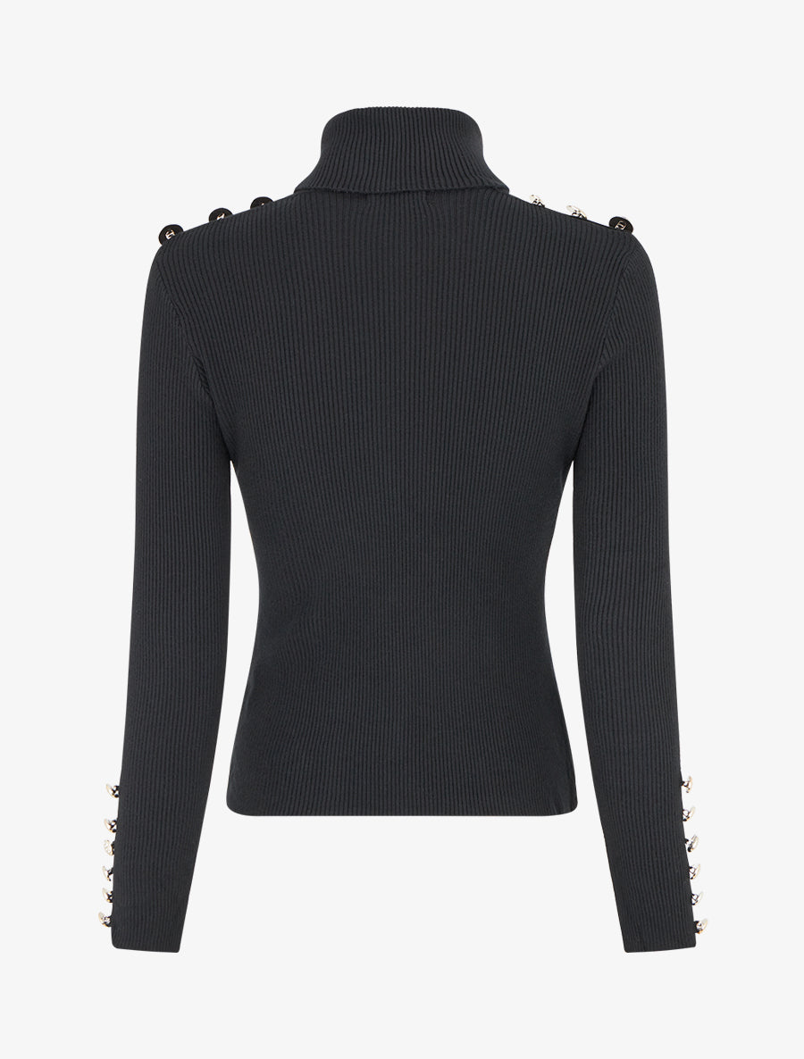 Pull côtelé à col roulé et boutons - Noir - 2