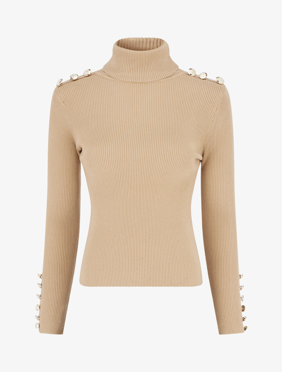 Pull côtelé à col roulé et boutons - Beige - 1