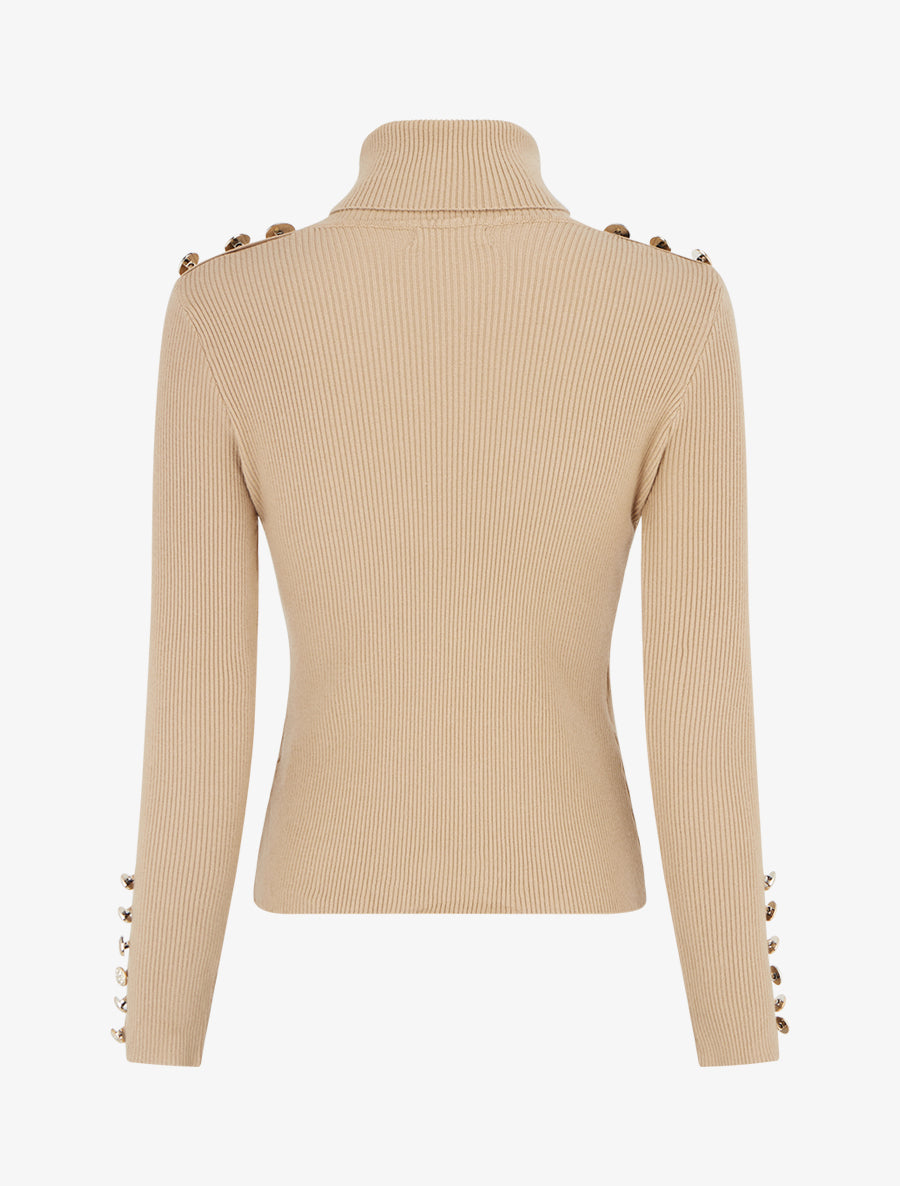 Pull côtelé à col roulé et boutons - Beige - 2