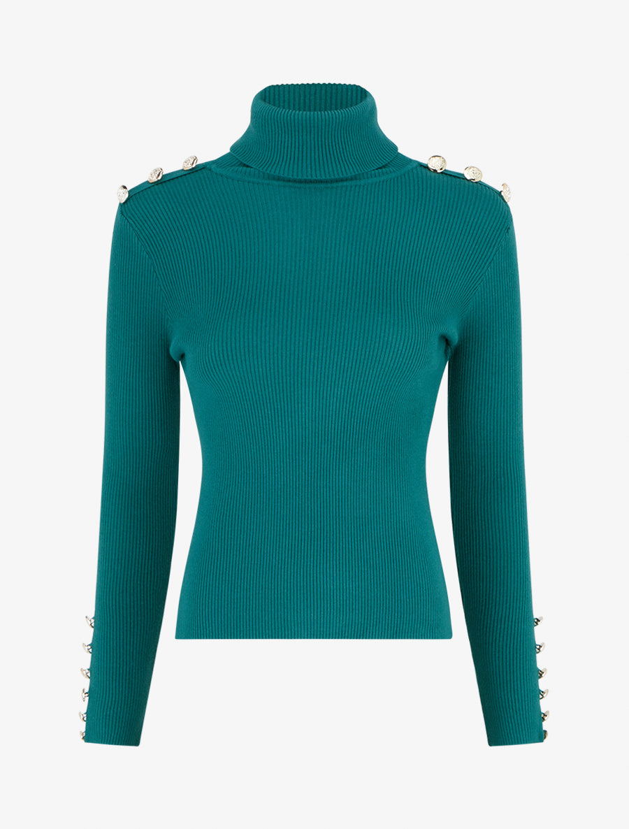 Pull côtelé à col roulé et boutons - Vert bouteille - 1