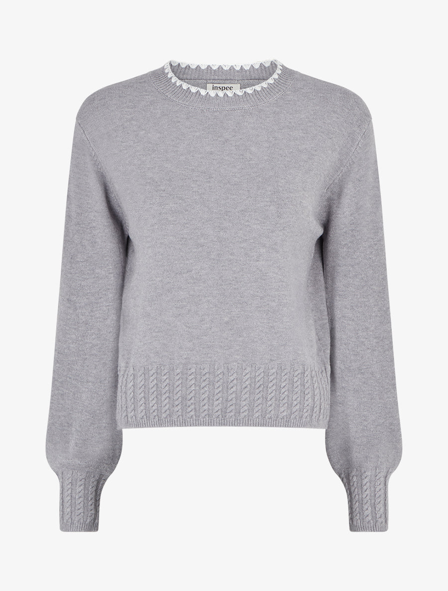 Pull droit à col rond brodé - Gris - 1