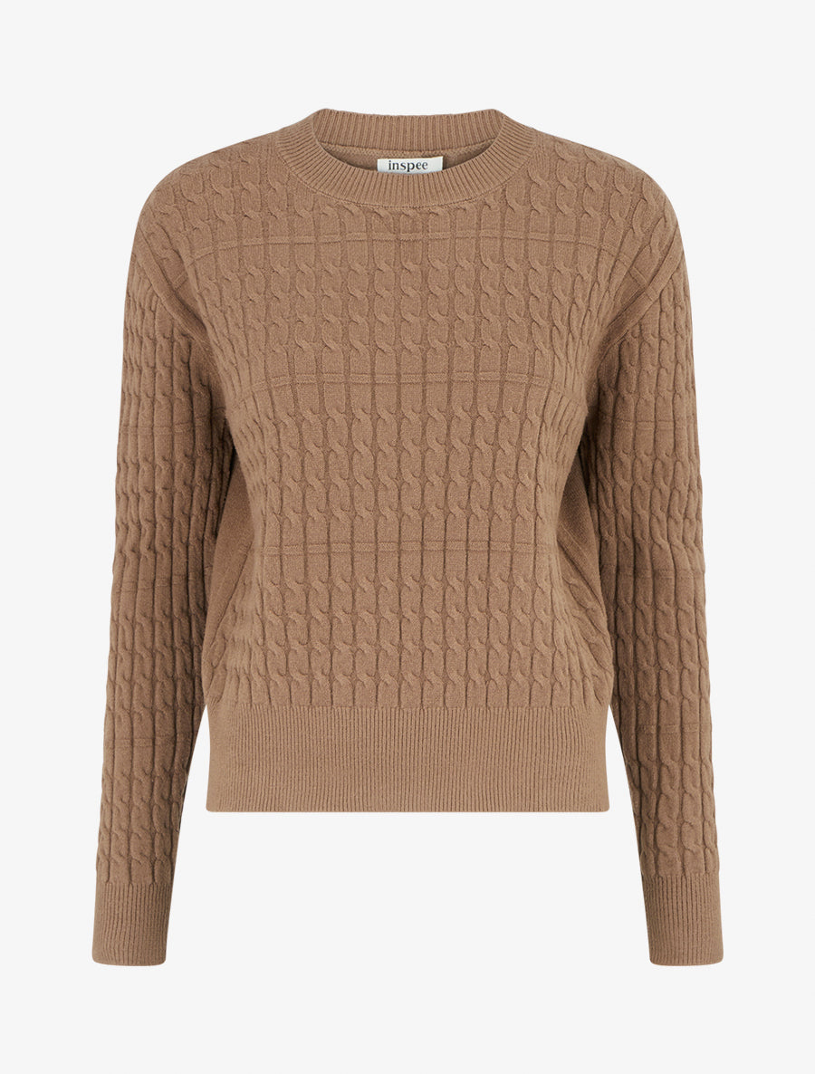 Pull droit à col rond en maille tressée - Taupe - 1