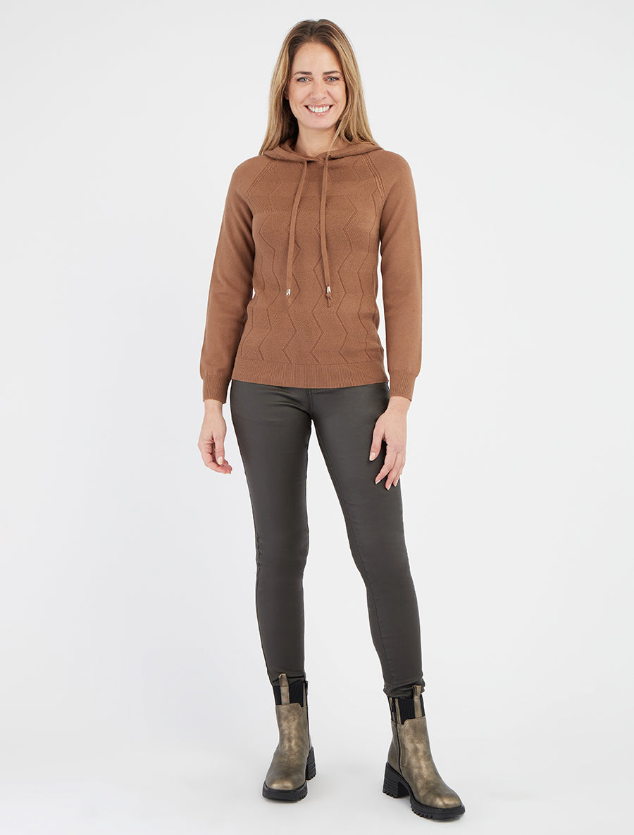 Zickzack-Strickkapuzenpullover - Kamel