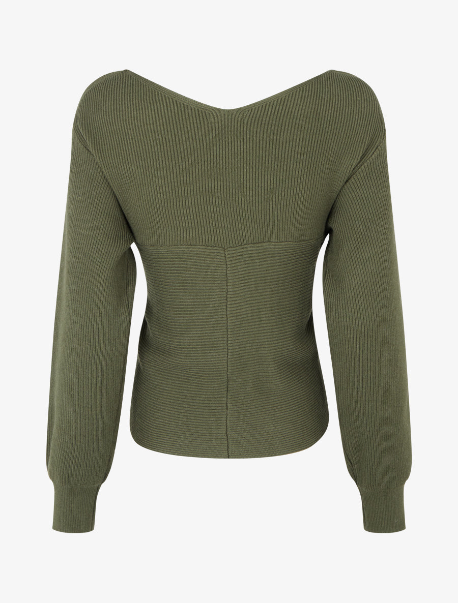 Rippenpullover mit Wickelausschnitt - Kaki