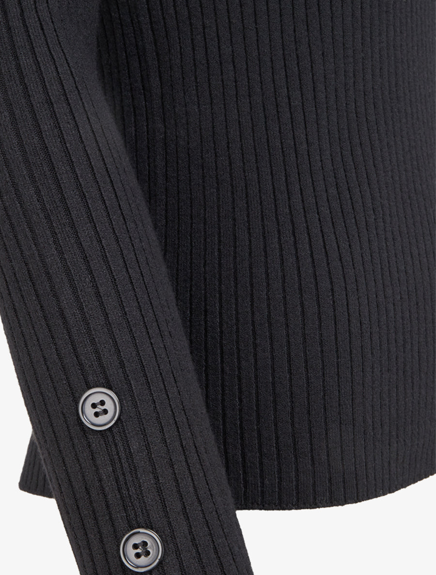 Pull côtelé moulant à col V à boutons décoratifs - Noir - 3