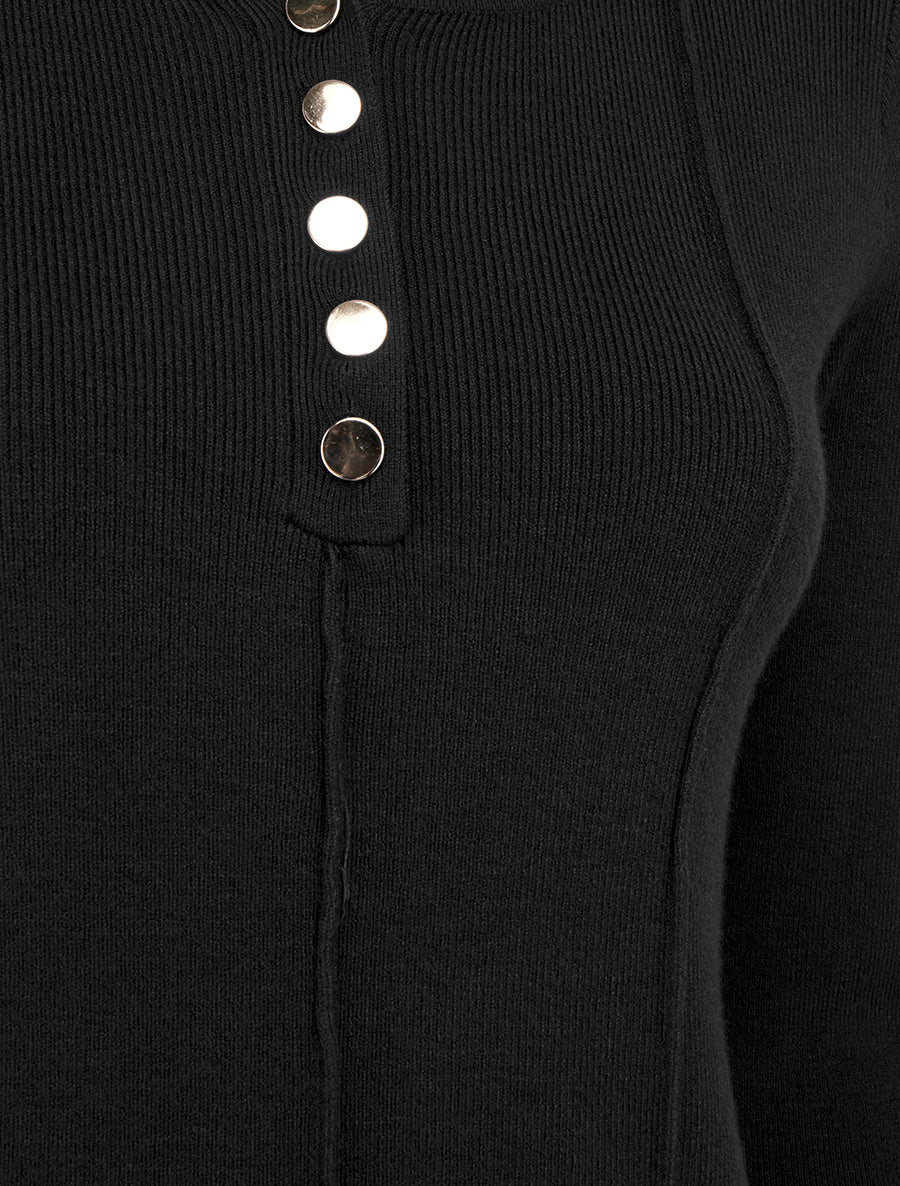 Pull côtelé à col rond boutonné - Noir - 3