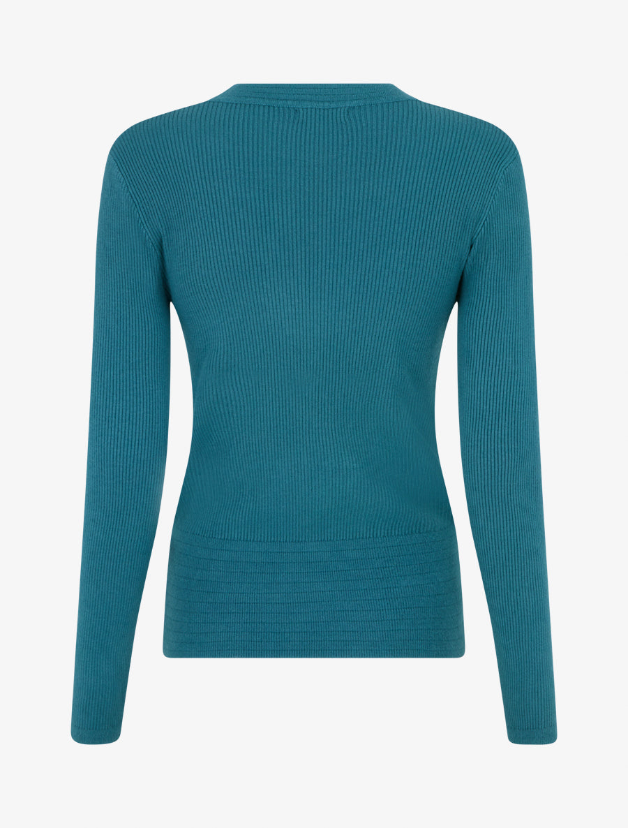 Pull à col V et boutons décoratifs - Bleu canard - 2