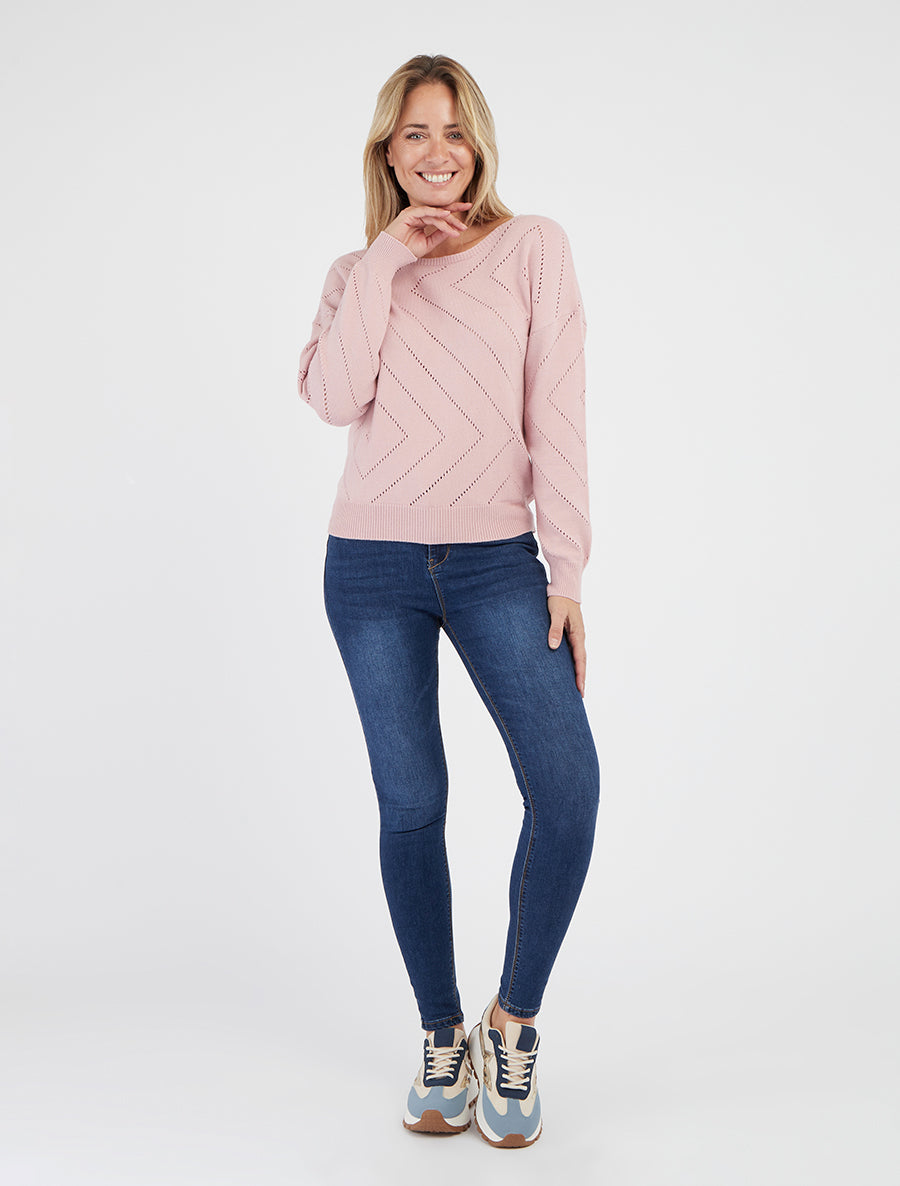 Einfarbiger, durchbrochener Pullover mit Rundhalsausschnitt - Rose