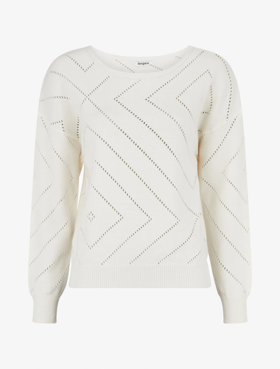 Pull uni ajouré à col rond - Crème - 1