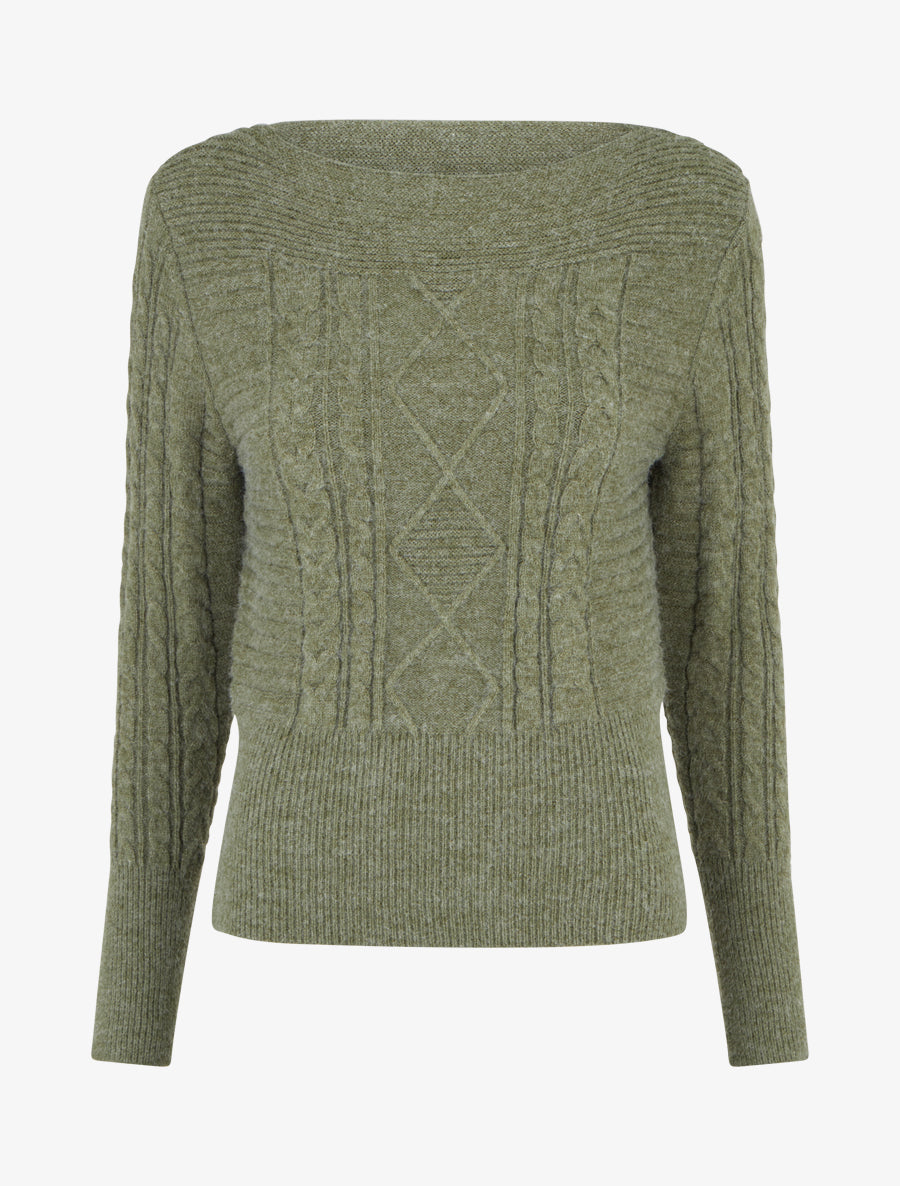 Pull droit à col bateau en maille fantaisie - Kaki - 1