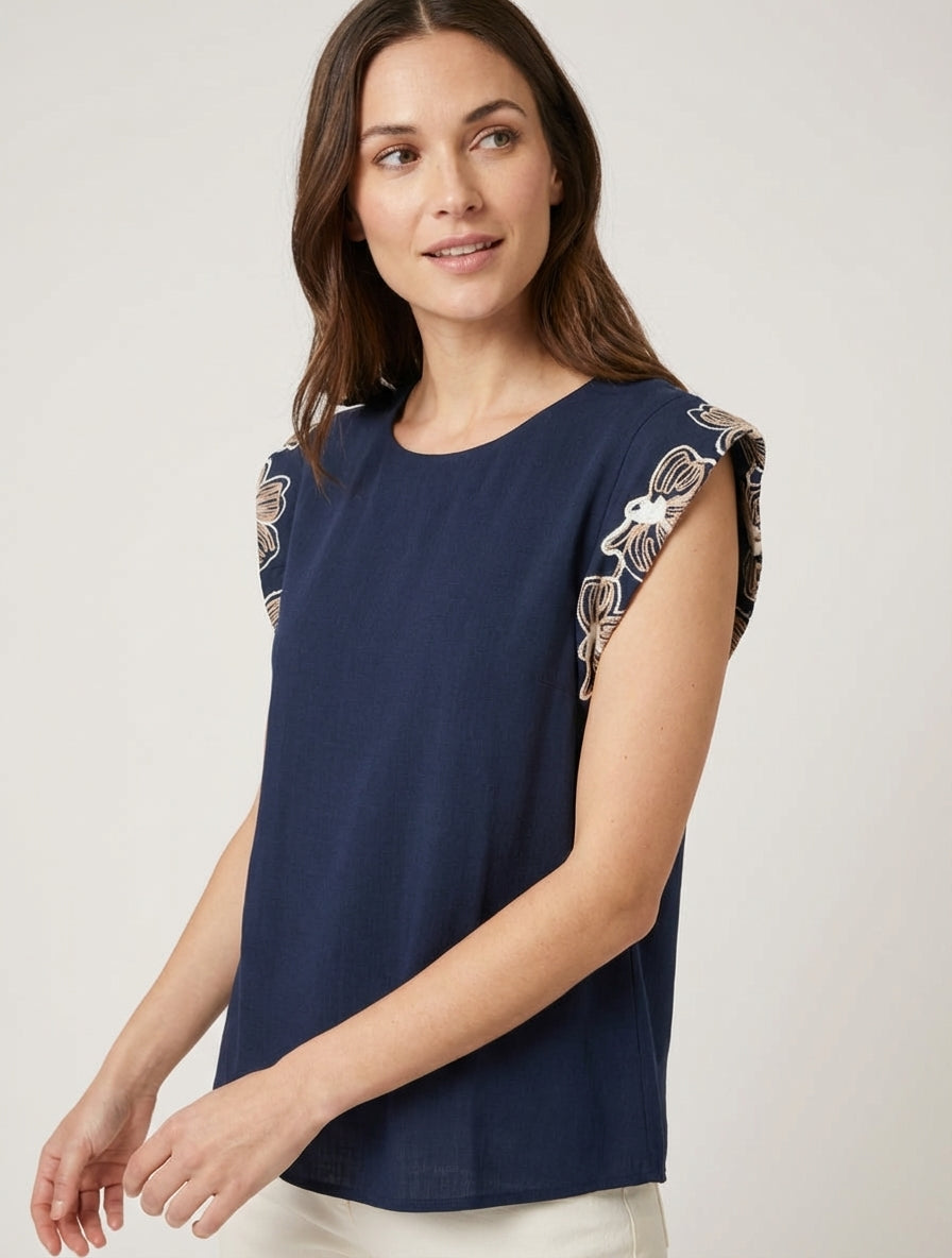 Top mit bestickten Flügelärmeln - Marine