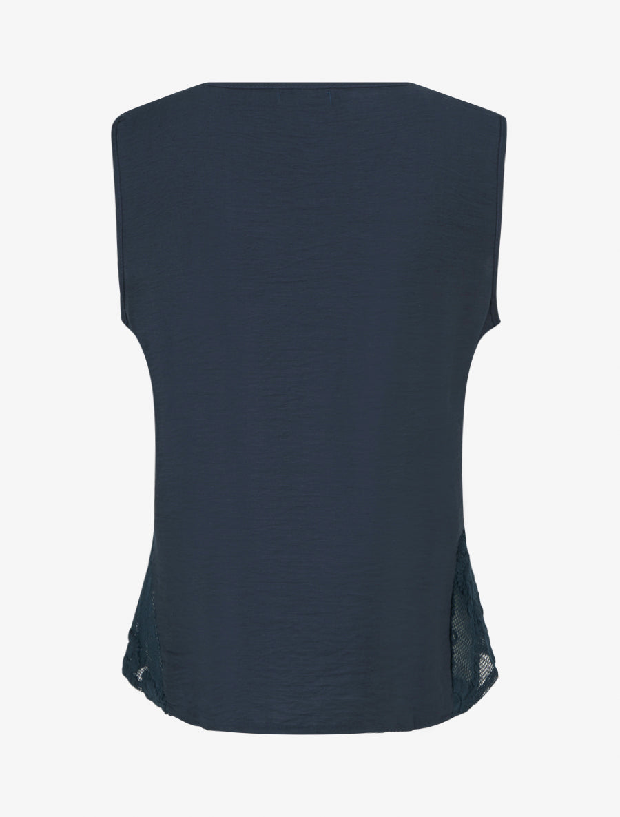 Top uni à détail effet cordes et broderies ajourés - Marine - 2