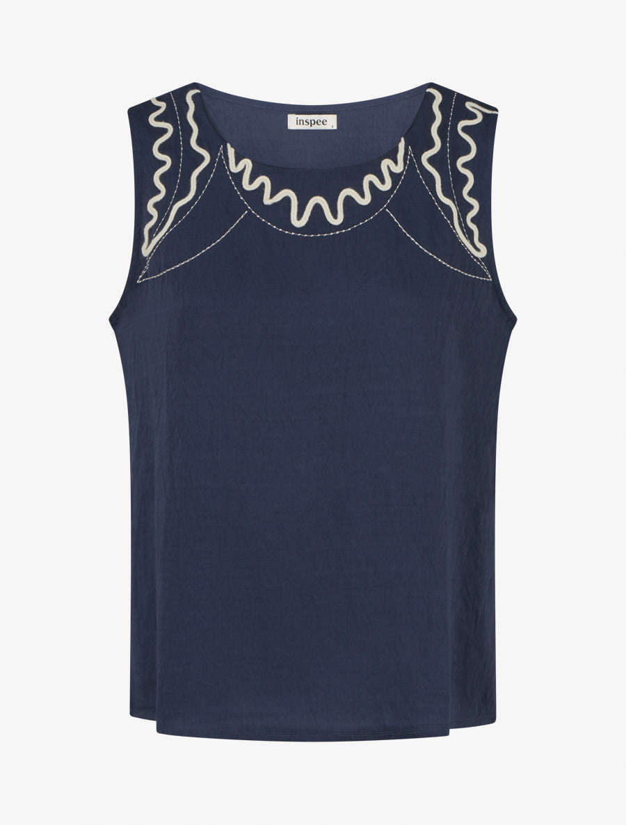 Top uni à détail broderies vagues - Marine - 1