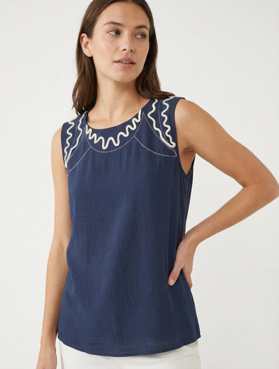 Einfarbiges Oberteil mit Wellenstickerei-Details - Marine