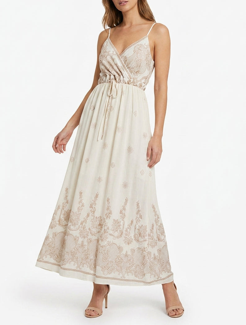 Langes Kleid mit arabesken Blumenmuster - Ecru