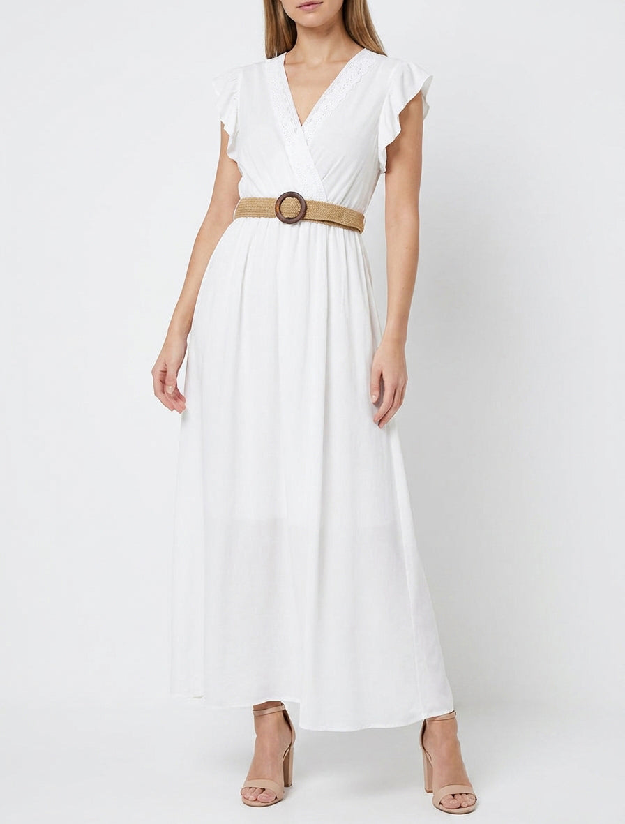 Langärmeliges Kleid mit Wickelausschnitt - Weiß