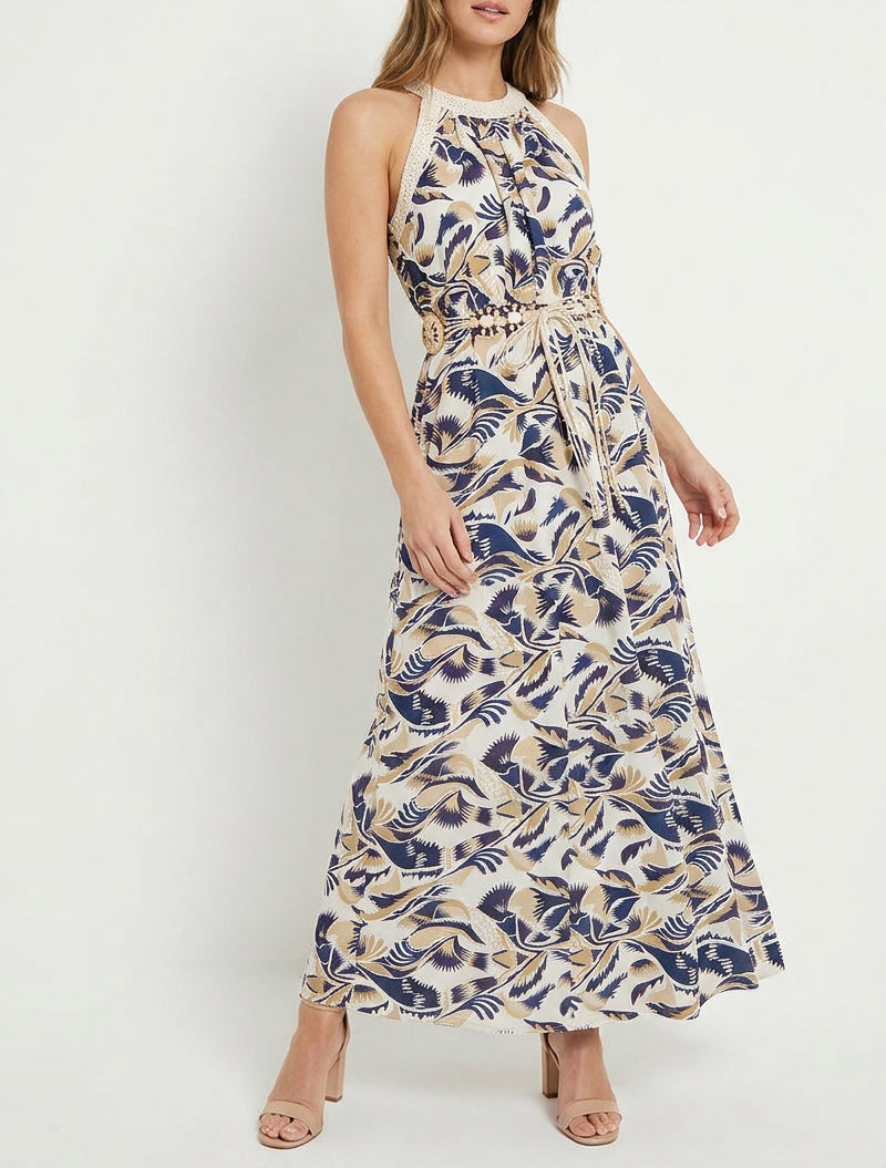 Langes Kleid mit amerikanischem Kragen und Fantasiemuster - Marine