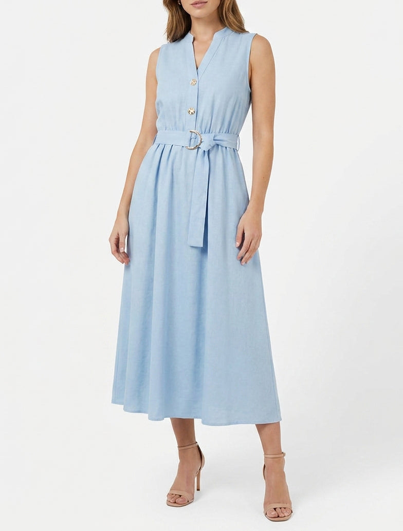 Langes einfarbiges Kleid in Leinenoptik - Himmelblau