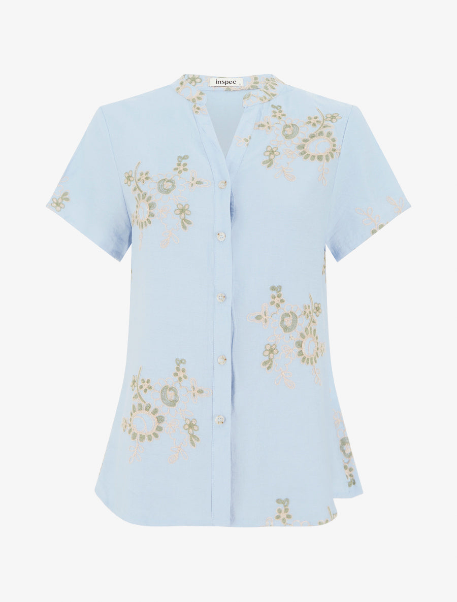 Blouse manches courtes à broderies fleuries - Bleu ciel - 1