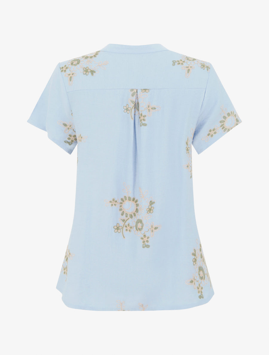 Blouse manches courtes à broderies fleuries - Bleu ciel - 2