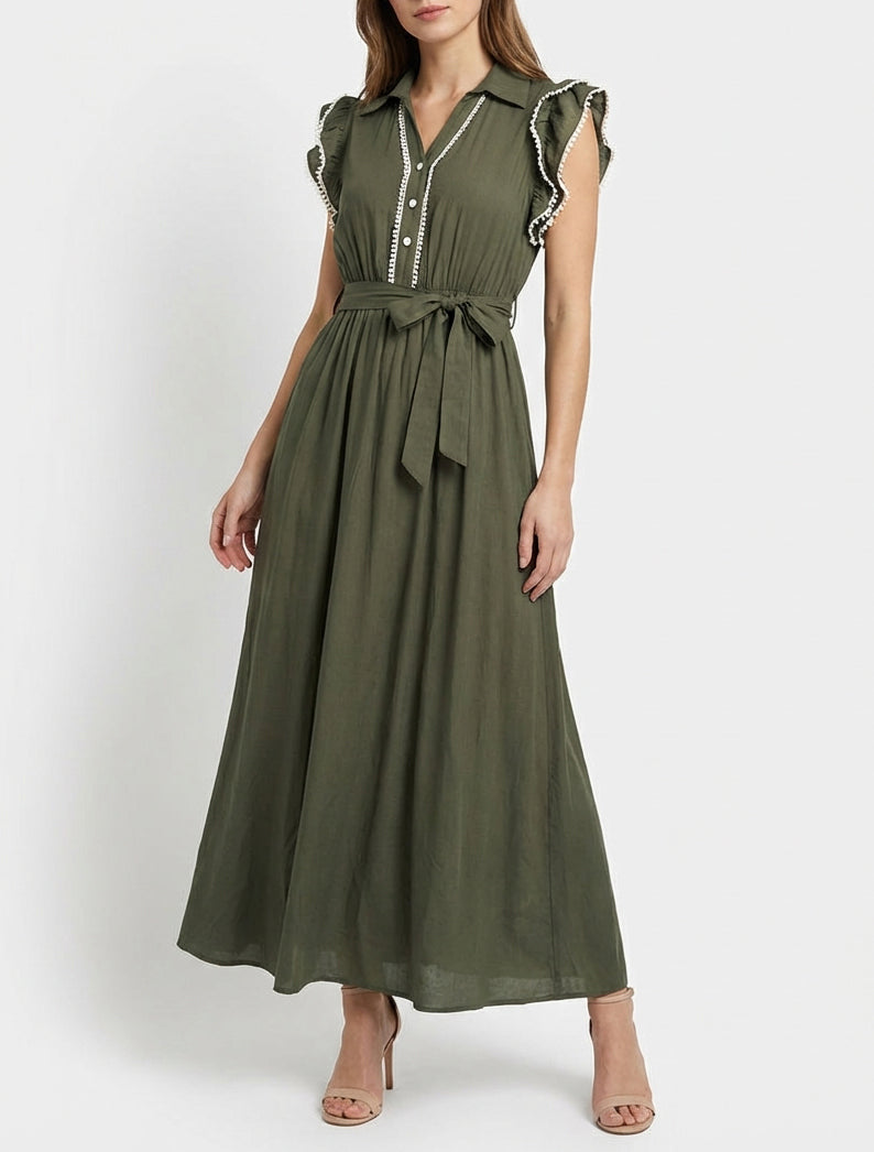 Langes Kleid mit Flügelärmeln aus Häkelspitze - Kaki