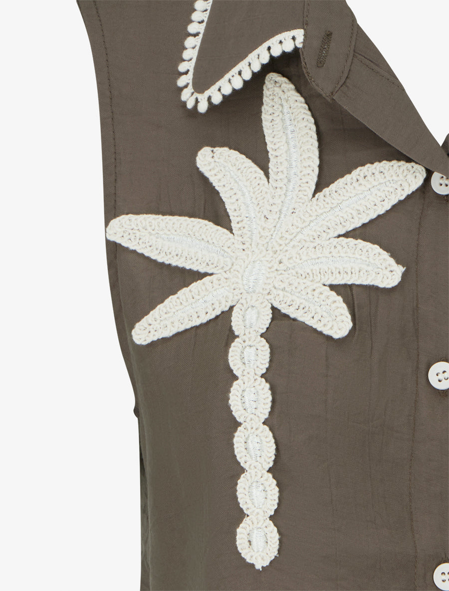 Chemise sans manches à broderie palmier - Marron - 3