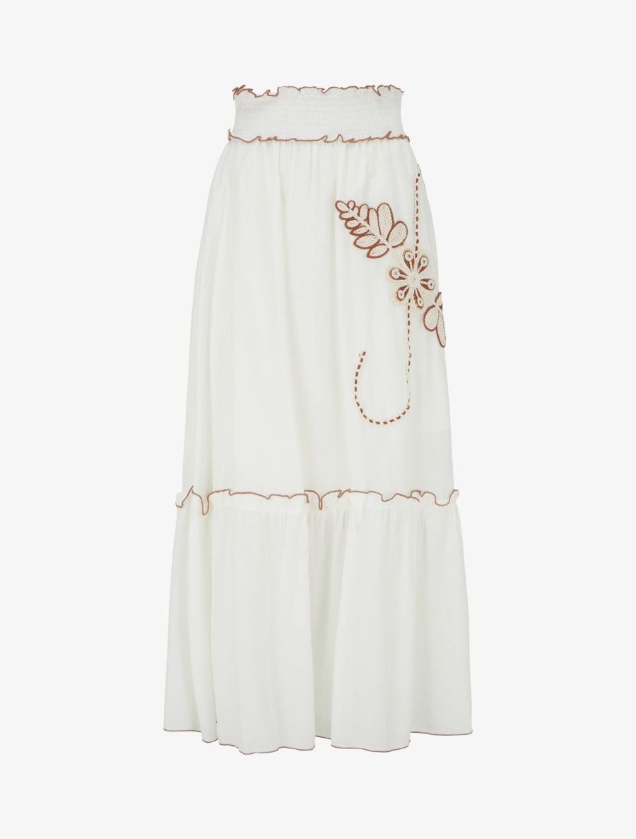 Jupe longue évasée à motif floral brodé - Blanc - 1