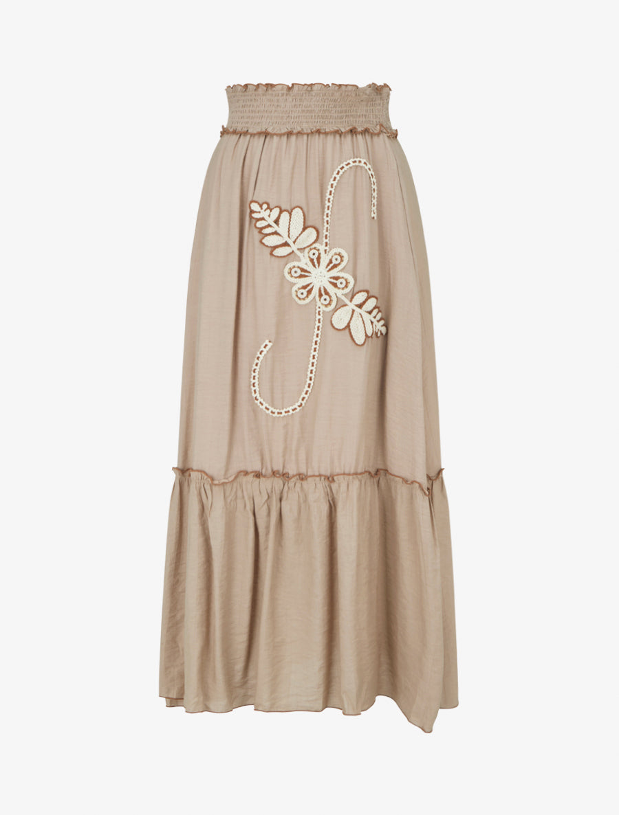Jupe longue évasée à motif floral brodé - Taupe - 1