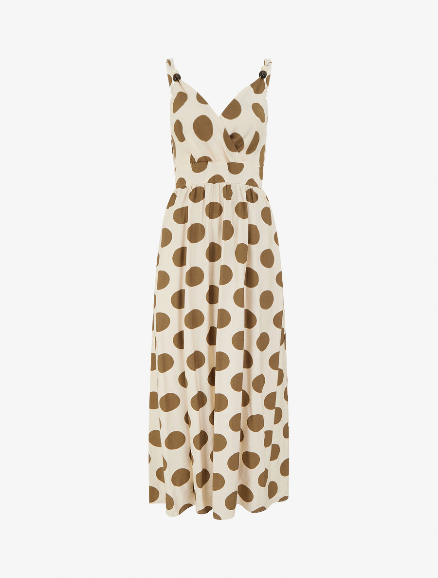Robe longue à bretelles perlées et imprimé pois - Marron - 1