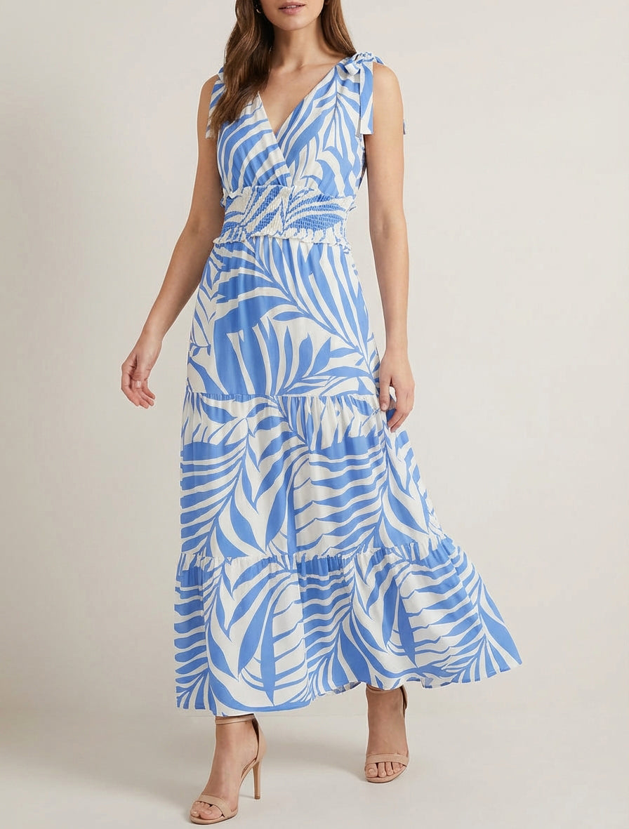 Kleid mit Blätterdruck und Knotenträgern - Himmelblau