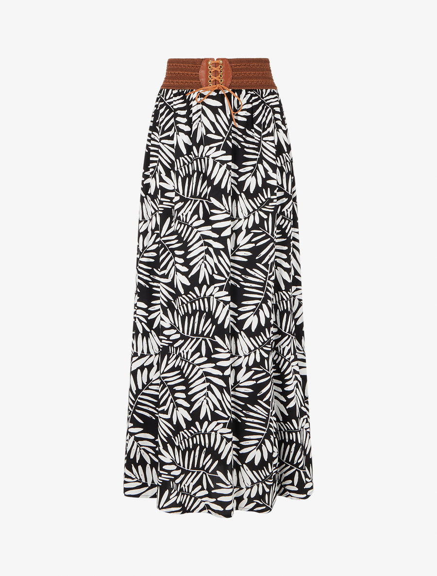 Jupe longue imprimé feuillages à taille élastiquée - Noir - 1