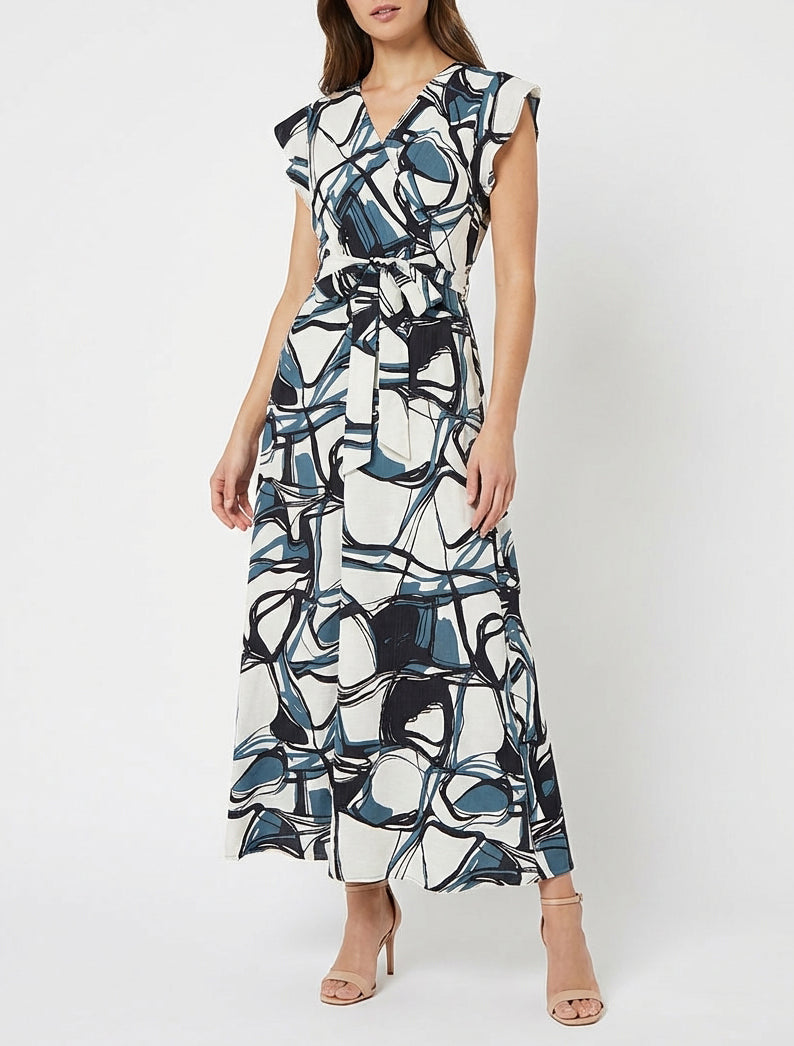 Langes Kleid mit ausgestelltem Schnitt und Fantasiemuster - Blau/weiß