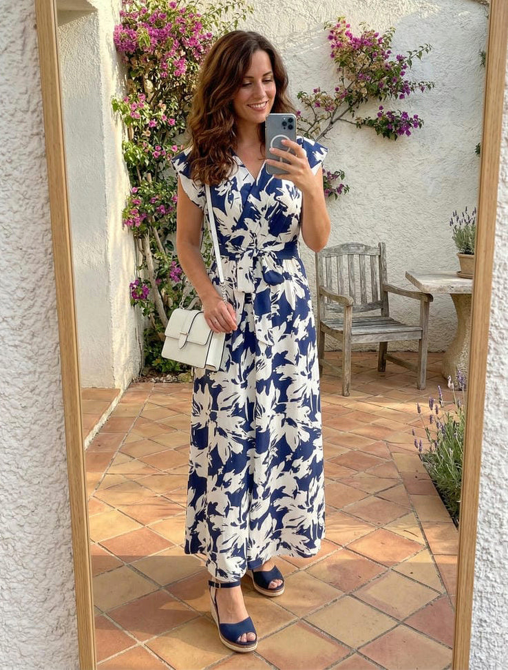 Langes Kleid mit tropischem Blumenmuster und kurzen Ärmeln - Marine