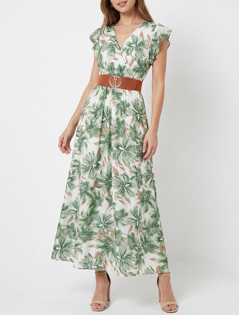 Langes Kleid mit Blumenmuster und kurzen Ärmeln - Grün
