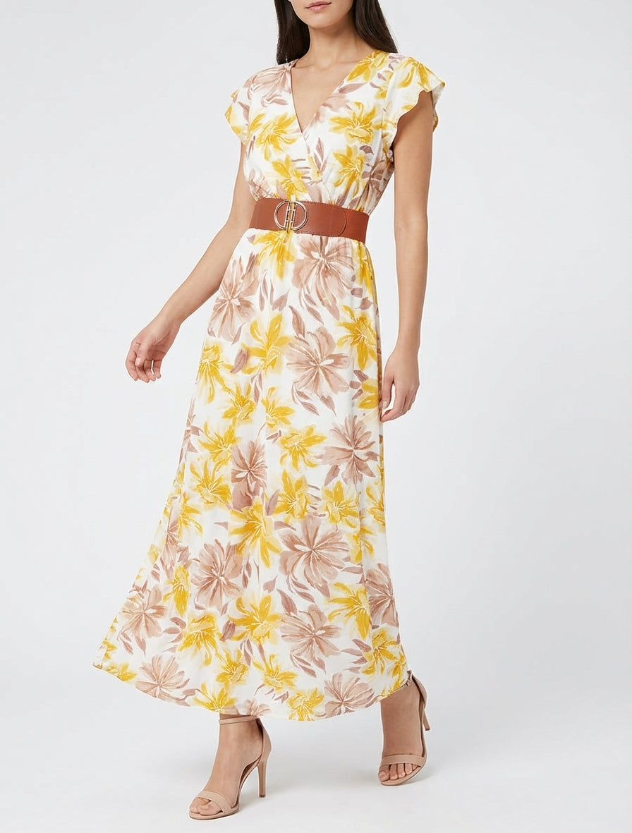 Langes Kleid mit Blumenmuster und kurzen Ärmeln - Gelb