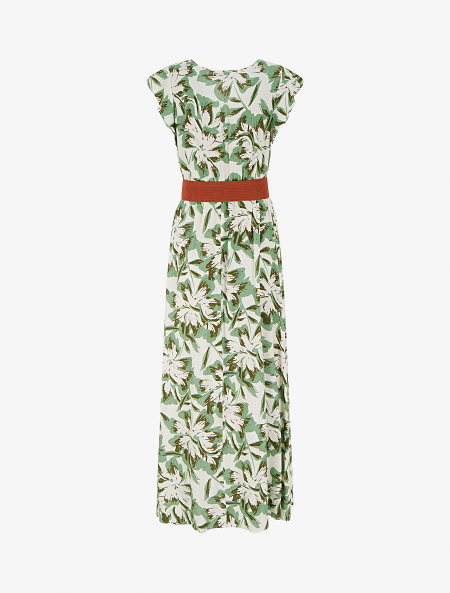 Robe longue fleurie à mancherons volantés - Vert - 2